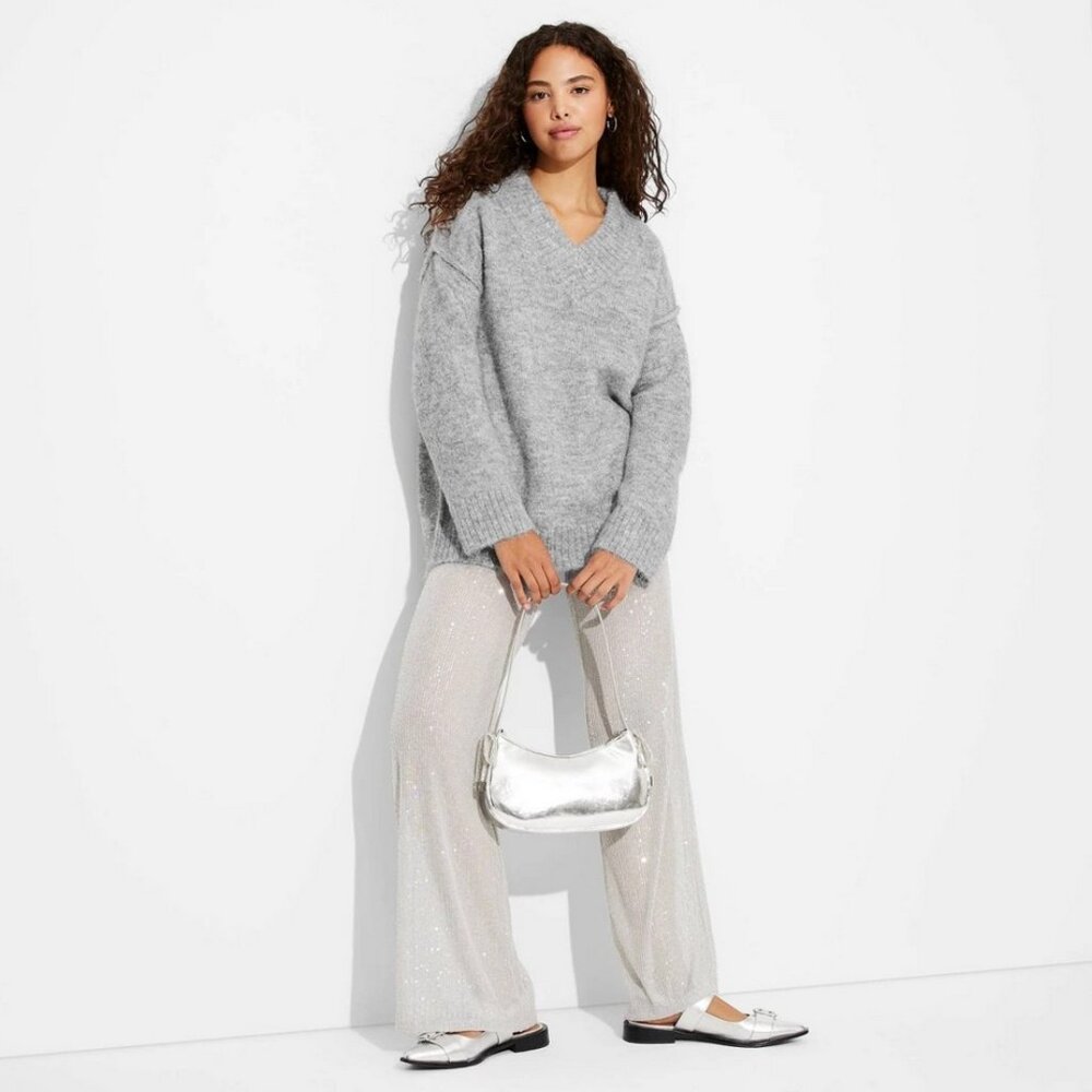 Women's Oversized V-Neck Pullover Holiday Sweater - Wild Fable™ Heather Gray M